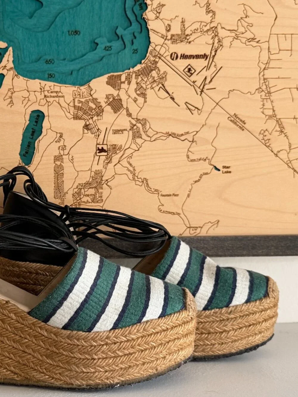 Chloe green striped/ leather straps espadrille wedges/ shoes sz 37 sz US 7